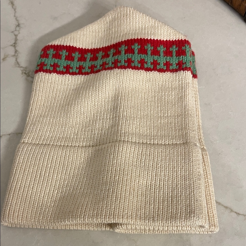 Cream Knit Hat with Red and Green Pattern